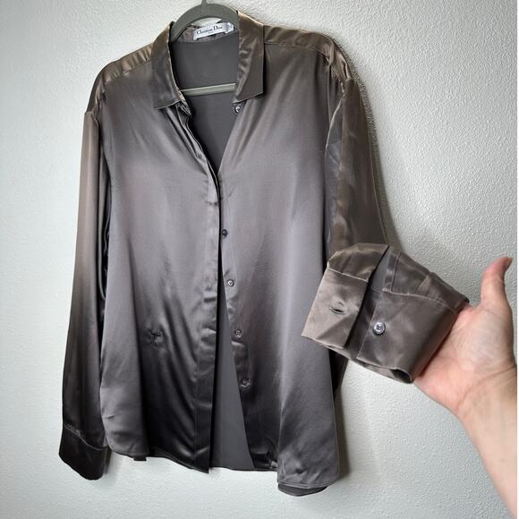 Dior Tops - Christian Dior 100% Silk Taupe Brown Multi-Tonal Shimmer Button Blouse 14